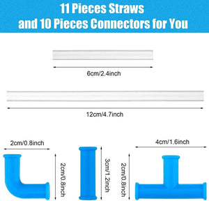 Diagram showing dimensions of clear straws (6cm, 12cm) and blue connectors (elbow, straight, T). Text: 11 Pieces Straws and 10 Pieces Connectors for You.