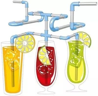 Citrus drinks in two glasses have clear, looping straws with blue joints. A disassembled straw set is shown with a red drink.crazy straws, DIY straws, party straws, novelty straws, drinking straws.