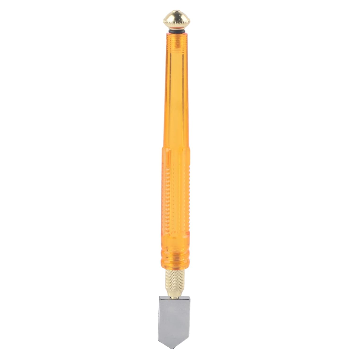 A glass cutter with a transparent amber handle and a diamond scoring tip.glass cutter, diamond tip, cutting tool, hand tool.
