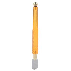 A glass cutter with a transparent amber handle and a diamond scoring tip.glass cutter, diamond tip, cutting tool, hand tool.
