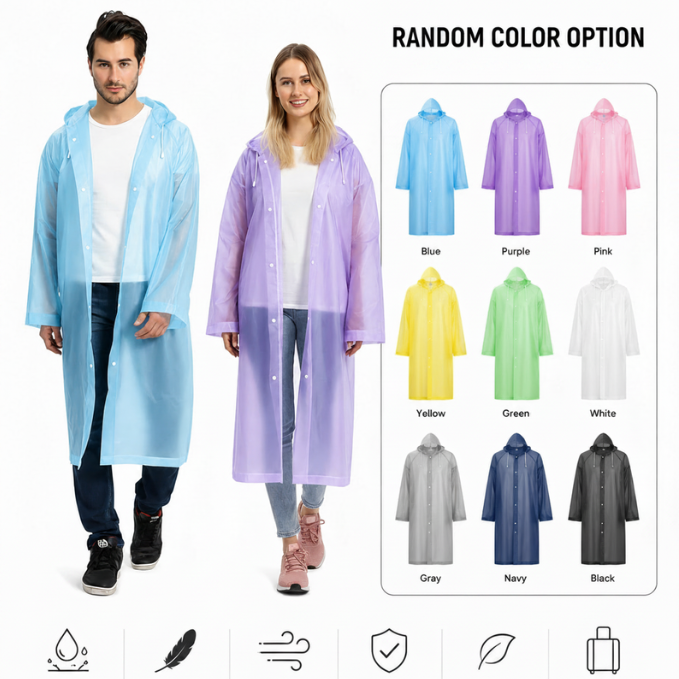 EVA Raincoat for Men & Women | Waterproof Lightweight Reusable Rain Poncho with Hood & Button Closure for Travel, Camping & Outdoor Use (Random Color-Pack of 1)