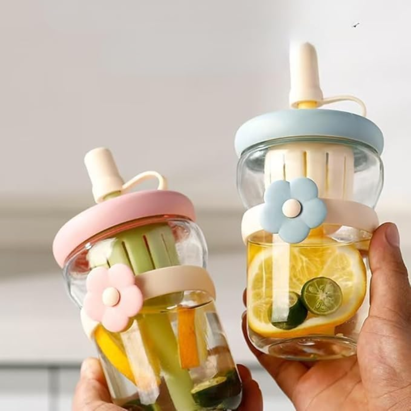 Eco-Friendly Reusable Glass Infuser Bottle with Straw – Cute & Fancy Design Sipper Bottle (Random Color-Pack of 1)