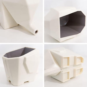 Four-panel image of a white plastic funnel, a versatile kitchen utensil with a narrow spout, large opening, and integrated handle. The bottom features a dual-slot design. Each panel showcases different angles and details, perfect for tableware storage.