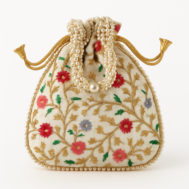 Embroidery Potli Bags for Women with Pearl Handle & Drawstring – Elegant Traditional Gift Pouch for Weddings & Festive Occasions