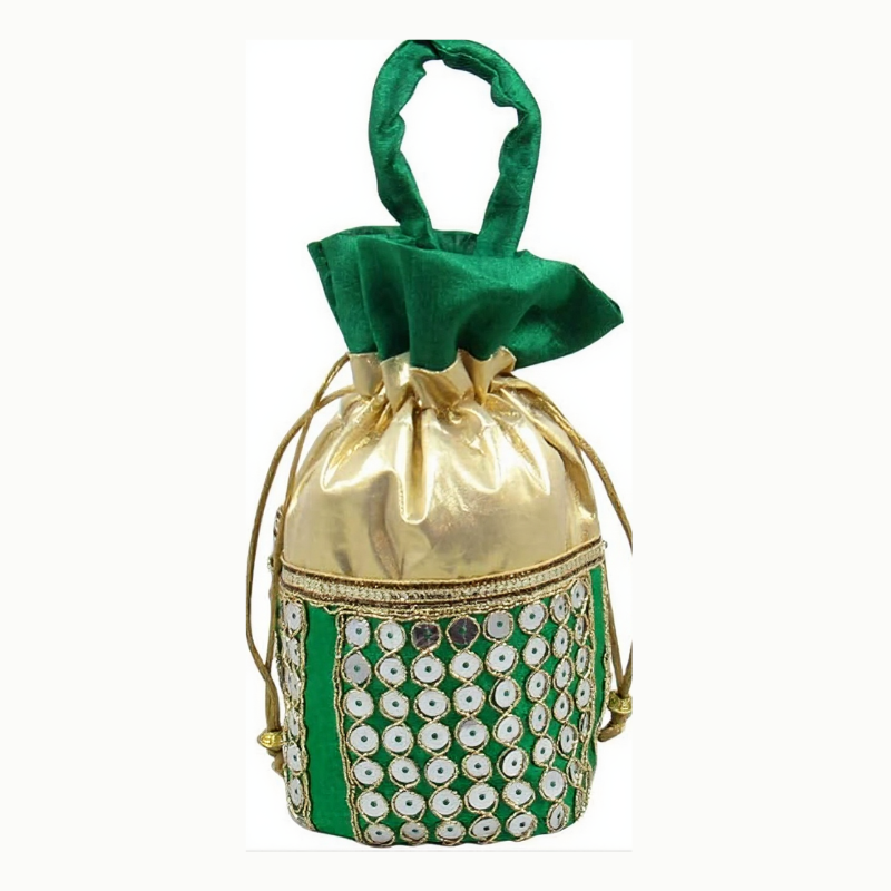 Traditional Sequined Potli Bags for Women – Fancy Indian Potli Gift Bags for Weddings, Mehndi, and Festive Favors (Silky & Satin, 14x24 cm) (Random color-Pack of 1)