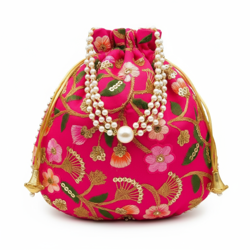 Cremon Floral Potli Bags with Beaded Handle – Raw Silk Traditional Potli Pouches for Women, Return Gifts & Party Favors(Pack of 1)