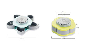 Two flower-shaped serving trays with multiple compartments in light blue/grey and lime green/grey are shown.candy box, serving tray, rotating, flower shape.