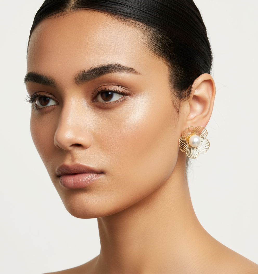 Elegant Gold Flower Pearl Stud Earrings for Women – Chic Daily & Party Wear Jewelry( 1 Pair)