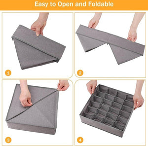 A four-panel image demonstrates how to easily open and fold a gray drawer organizer. Panel 1 shows the folded organizer being held open. Panel 2 shows the sides being unfolded. Panel 3 shows the organizer taking its square shape. Panel 4 shows the fully opened organizer with multiple compartments. Text at the top reads "Easy to Open and Foldable,drawer organizer, clothes organiser, sock organiser, underwear organiser, foldable organiser, wardrobe organiser, household items, home essentials, home improvement