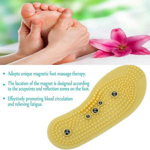 A collage displays a pair of hands massaging a foot, a pink lily flower, and a yellow magnetic reflexology insole. Text highlights the insole's unique magnetic foot massage therapy, the strategic placement of magnets based on acupoints and reflection zones, and its effectiveness in promoting blood circulation and relieving fatigue. Magnetic reflexology insoles, foot massage, acupressure, blood circulation, fatigue relief.