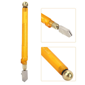 A WORLD-TOP glass cutter with close-ups of the cutting wheel and the brass tapping ball on its amber handle.glass cutter, WORLD-TOP, cutting tool, hand tool.