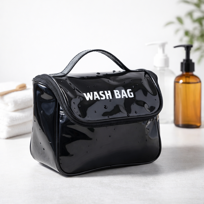 Glossy PVC Toiletry Bag for Women – Waterproof Makeup Organizer with Handle & Zipper Closure(Random Color-Pack of 1)