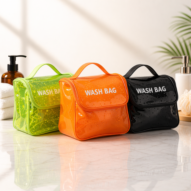 Glossy PVC Toiletry Bag for Women – Waterproof Makeup Organizer with Handle & Zipper Closure(Random Color-Pack of 1)