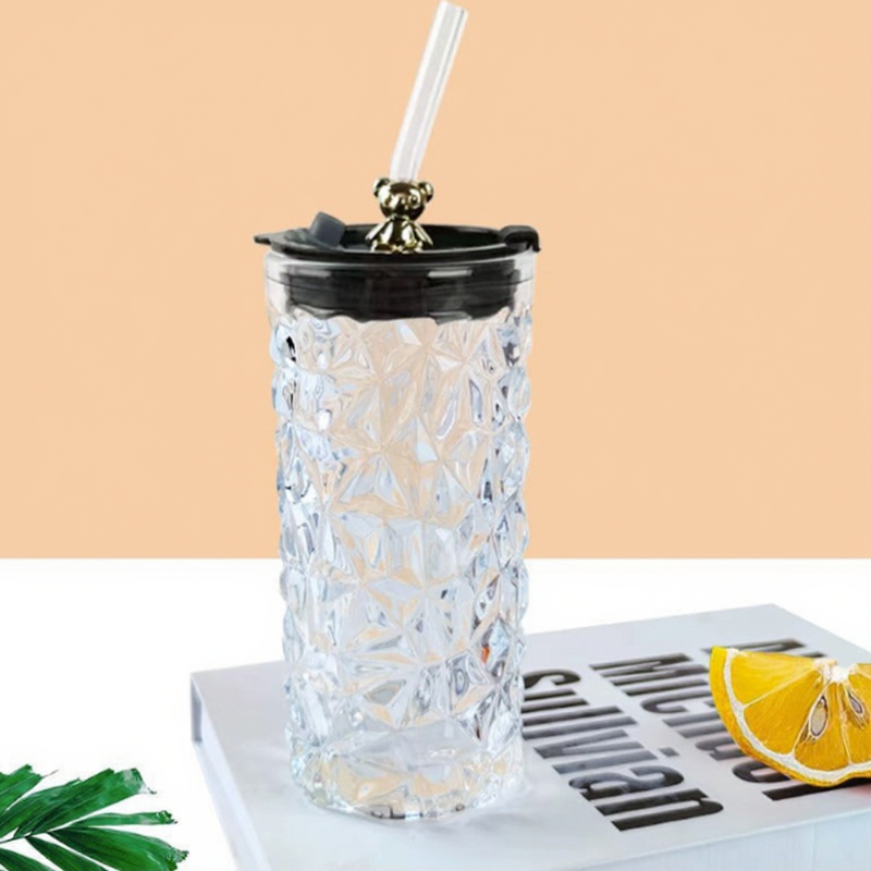 Bear Glass Tumbler with Straw – Cute Diamond Bear Design, Large Capacity Water Cup -Stylish Hydration Gift (Random Color-Pack of 1)