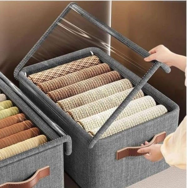 Foldable Storage Organizer Basket with Lid – Transparent Fabric Closet & Wardrobe Storage Box for Clothes(Pack of 1)
