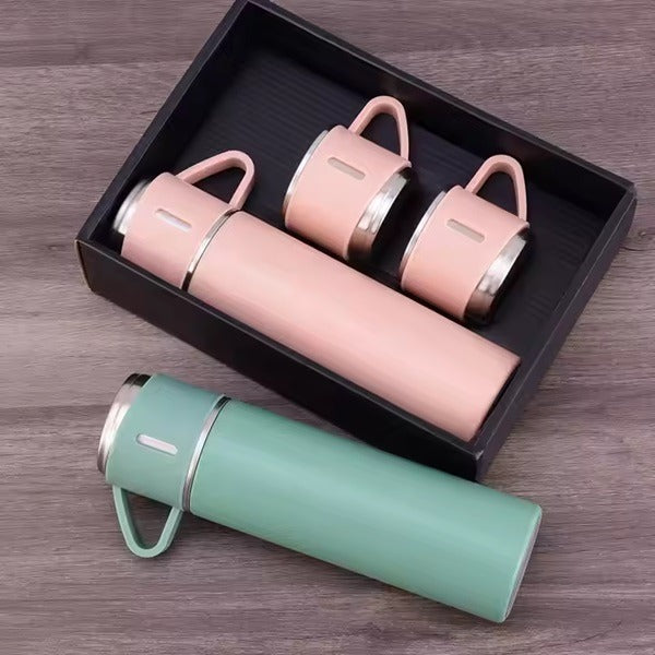Insulated Stainless Steel Vacuum Flask Set with 3 Cups – 500ml Double Wall Hot & Cold Bottle for Tea, Coffee, Travel & Office Use (Random Colour, Pack of 1)