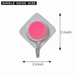 Self-adhesive wall hook, measuring 2.4 inches by 2.4 inches. This plastic hook with a pink center and metal extension offers a no-drill hanging solution for lightweight items in homes. See single hook size dimensions for easy organization. Keywords: adhesive hook, wall mount, size, dimensions, plastic, organization.