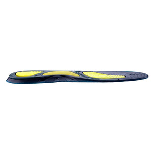Orthopedic shoe insert insoles with black and yellow cushioning pads, shown from a side angle on a white background, offer exceptional pain relief and foot arch support.