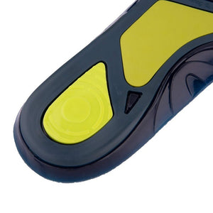 A close-up image of a shoe insert insole reveals black edges and a bright yellow cushioned heel. Designed with contours and textures, it offers foot arch support for enhanced comfort, making it the ideal pain relief insole for those seeking greater foot support.