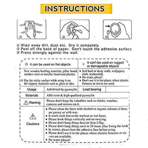 Detailed instructions for applying self-adhesive hooks. Steps include wiping the surface clean, peeling off the backing paper (avoiding touching the adhesive), and pressing firmly against the wall. The guide specifies suitable flat surfaces (wood, tile, plastic) and unsuitable rugged or damp surfaces, along with cautions regarding weight limits (under 2.0kg) and proper application techniques for optimal adhesion.