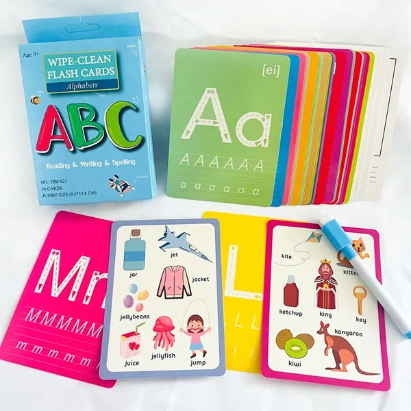 A set of wipe-clean ABC flashcards is shown with its blue packaging. Several colorful cards display uppercase and lowercase letters along with corresponding illustrations and words. A blue and white wipe-clean marker is also included. ABC flashcards, wipe-clean cards, early learning, alphabet, reading and writing, educational toys.