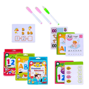 A collection of preschool educational flashcards and markers is arranged on a white surface. There are sets for numbers (12), letters (AB), and general preschool education, each in colorful packaging. Several individual cards are also visible, including ones for basic addition, the number 100, the letter A, and counting objects. Three wipe-clean markers in pink and green are included. Preschool flashcards, early learning, alphabet cards, number cards, counting cards, educational toys, wipe-clean.