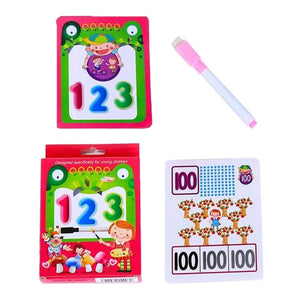 A set of children's educational learning cards is displayed. The top left shows a pink card with the numbers 123 and a child illustration, along with a pink and white marker. Below it is the packaging for the cards. To the right is a white card teaching the number 100 with illustrations of trees and children. Kids learning cards, number recognition, educational toys, early learning, counting.