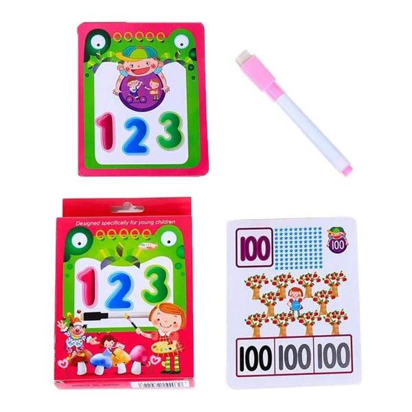 A set of children's educational learning cards is displayed. The top left shows a pink card with the numbers 123 and a child illustration, along with a pink and white marker. Below it is the packaging for the cards. To the right is a white card teaching the number 100 with illustrations of trees and children. Kids learning cards, number recognition, educational toys, early learning, counting.