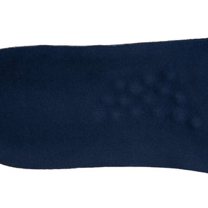 Close-up of a navy blue cloth surface, featuring a subtle pattern of small, raised dots on the right side, reminiscent of the textured comfort found in an arch support pad, against a plain background.