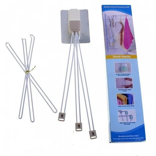 A collapsible wall-mounted drying rack with three foldable arms is showcased beside its vibrant packaging box. The box, under the Home & Kitchen category, illustrates installation and use steps. Its a perfect addition above a Traceless Shelf for maximizing space efficiency.