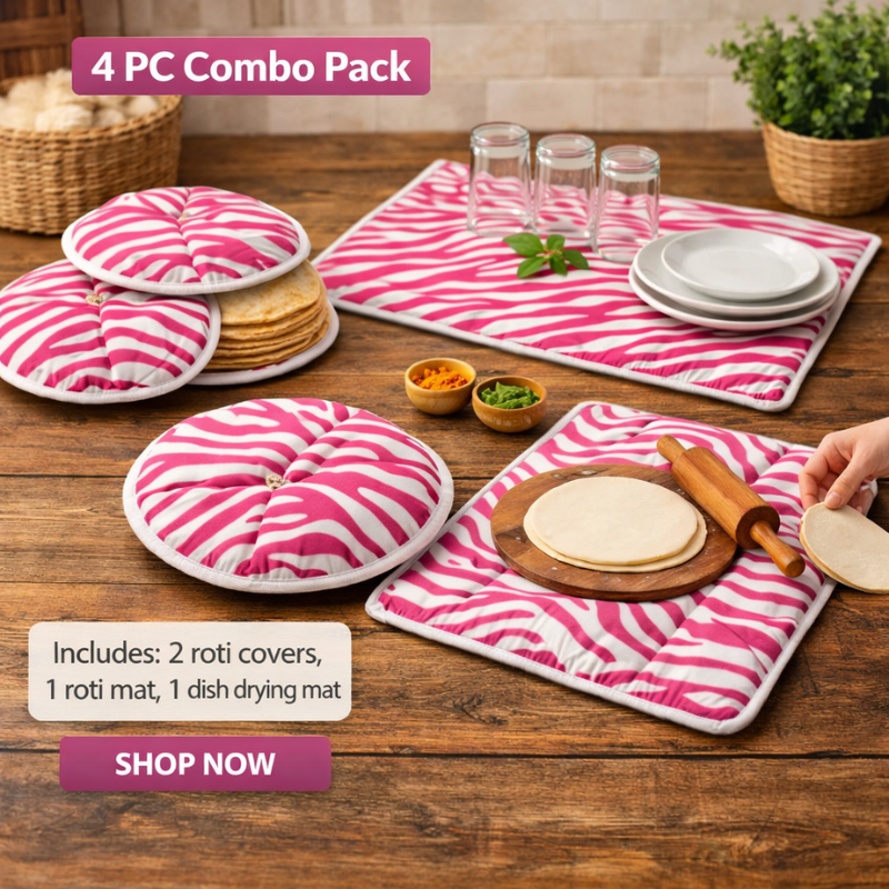 Kitchen Combo Set – 2Pc Roti Cover (19x19 cm) + 1Pc Roti Mat (35x44 cm) + 1Pc Dish Drying Mat (57x41 cm) | Multipurpose Kitchen Essentials(Random Design)