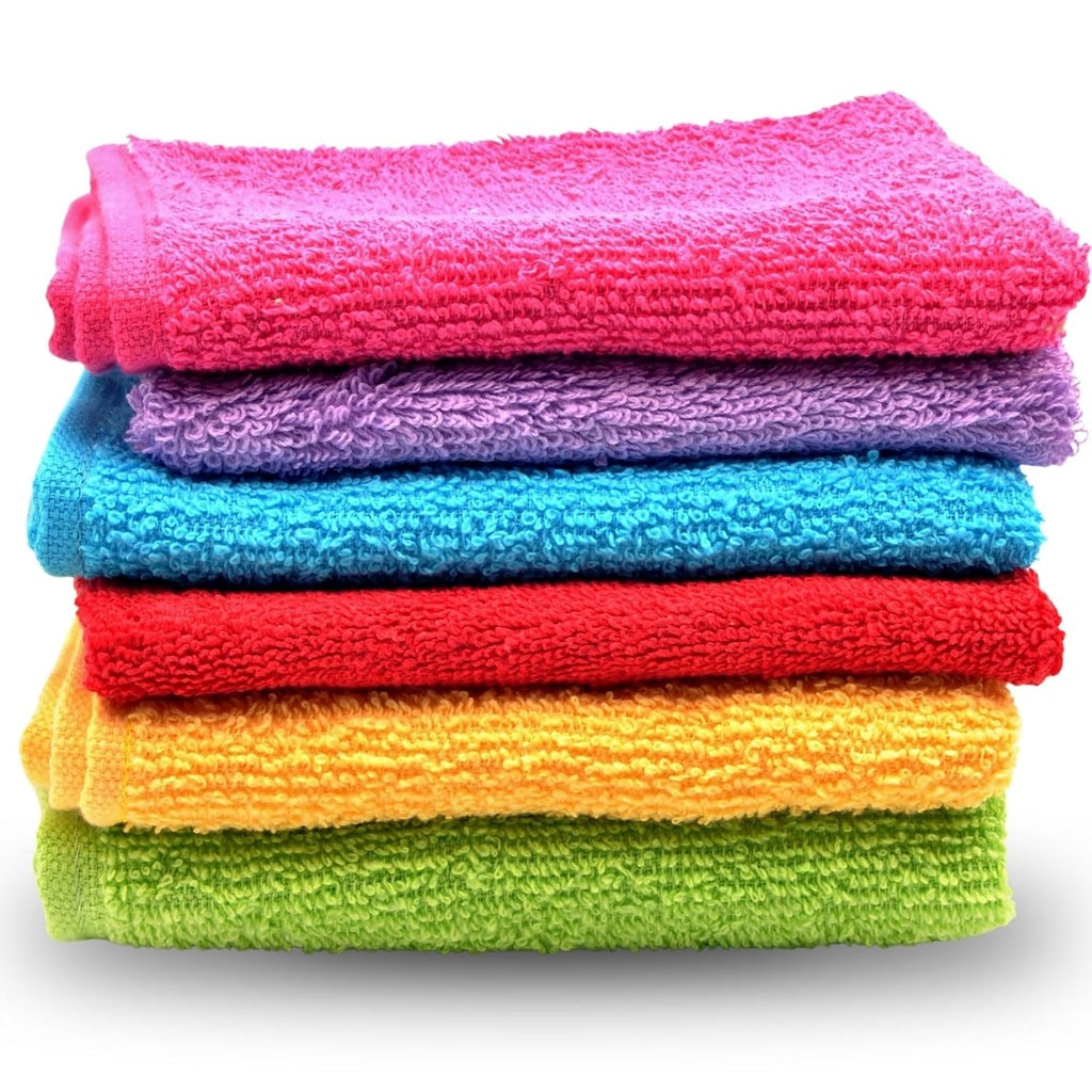 A neat stack of six brightly colored microfiber cleaning cloths is shown against a white background.microfiber cloths, cleaning cloths, household cleaning, multi-purpose cloths, reusable cloths, cleaning supplies.