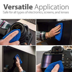 A four-panel image demonstrates the versatile application of blue microfiber cloths. Panel 1 shows a cloth cleaning a camera lens. Panel 2 shows a cloth wiping a computer monitor. Panel 3 shows a cloth cleaning a television screen. Panel 4 shows a cloth cleaning the back screen of a camera.