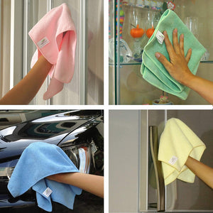 A four-panel image demonstrates the versatile application of blue microfiber cloths.microfiber cloths, electronics cleaning, screen cleaning, lens cleaning, camera cleaning, monitor cleaning, TV cleaning, cleaning cloths.