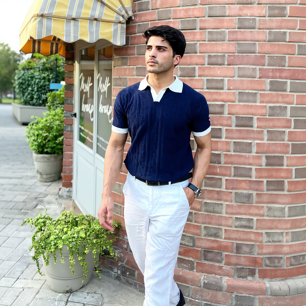 Midnight Blue Polo T-Shirt – Luxury Jacquard Knit, Buttonless Design, Lightweight & Breathable
