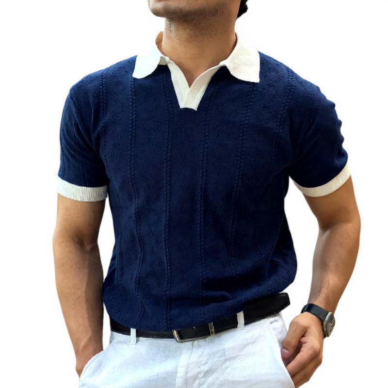 Midnight Blue Polo T-Shirt – Luxury Jacquard Knit, Buttonless Design, Lightweight & Breathable