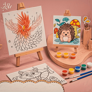 Two small art easels hold canvases with partially colored pencil sketches: one of a phoenix, the other of a hedgehog with mushrooms. Paint pots, an acrylic paint kit, and brushes rest on a wooden surface, alongside another canvas showcasing a cat drawing.