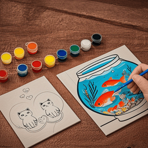 A pair of hands is shown painting a pre-drawn canvas of a fishbowl with two orange goldfish, green plants, and blue water. A set of small, colorful paint pots is arranged above the canvas on a wooden surface. home decor items, home decor, wall hooks, shelves, home improvement store, home improvement, household items, home essentials
