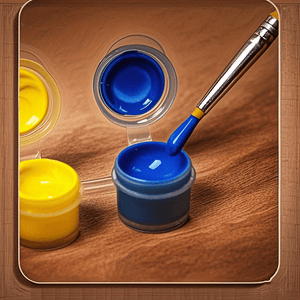 A close-up shot shows a silver paintbrush with a blue handle dipped into a small, clear pot of vibrant blue paint. The pot is part of a set, with a pot of yellow paint partially visible to the left. The background is a warm brown wooden surface.home decor items, home decor, wall hooks, shelves, home improvement store, home improvement, household items, home essentials