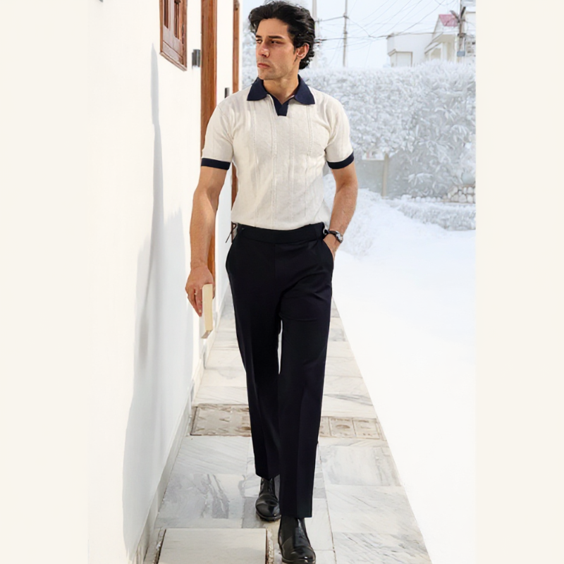 Monaco White Polo T-Shirt – Luxury Textured Jacquard Knit, Buttonless Design, Lightweight & Breathable