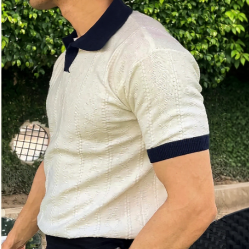 Monaco White Polo T-Shirt – Luxury Textured Jacquard Knit, Buttonless Design, Lightweight & Breathable