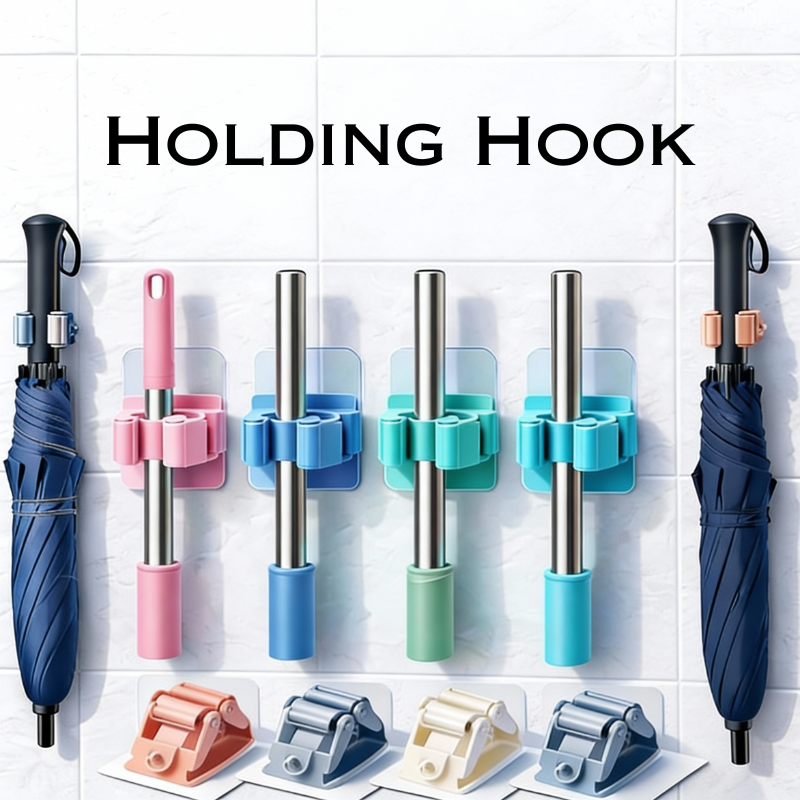 4 Pcs Wall Mounted Mop Holder with Strong Adhesive Sticker – Space Saving Broom & Mop Organizer Hook