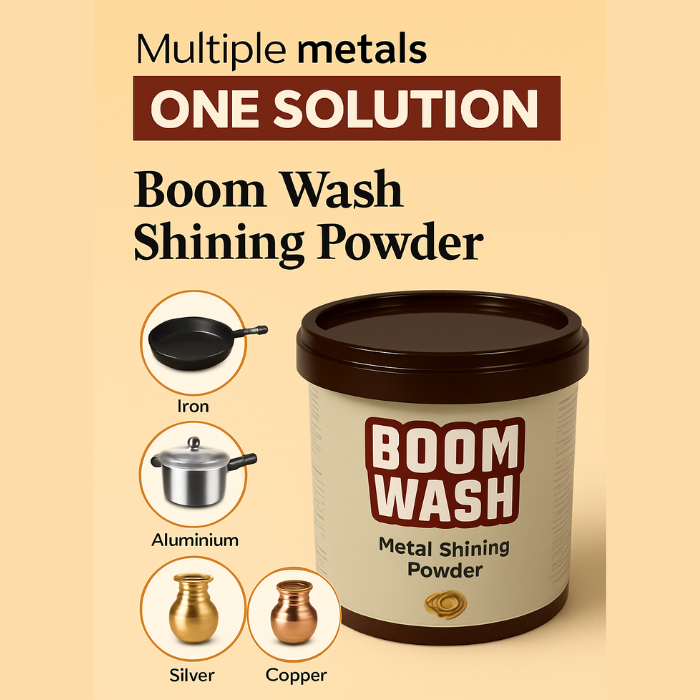 Boom Wash Metal Shining Powder – Multi-Metal Cleaner for Copper, Brass, Steel, Silver, Aluminium & Iron with Anti-Tarnish Formula