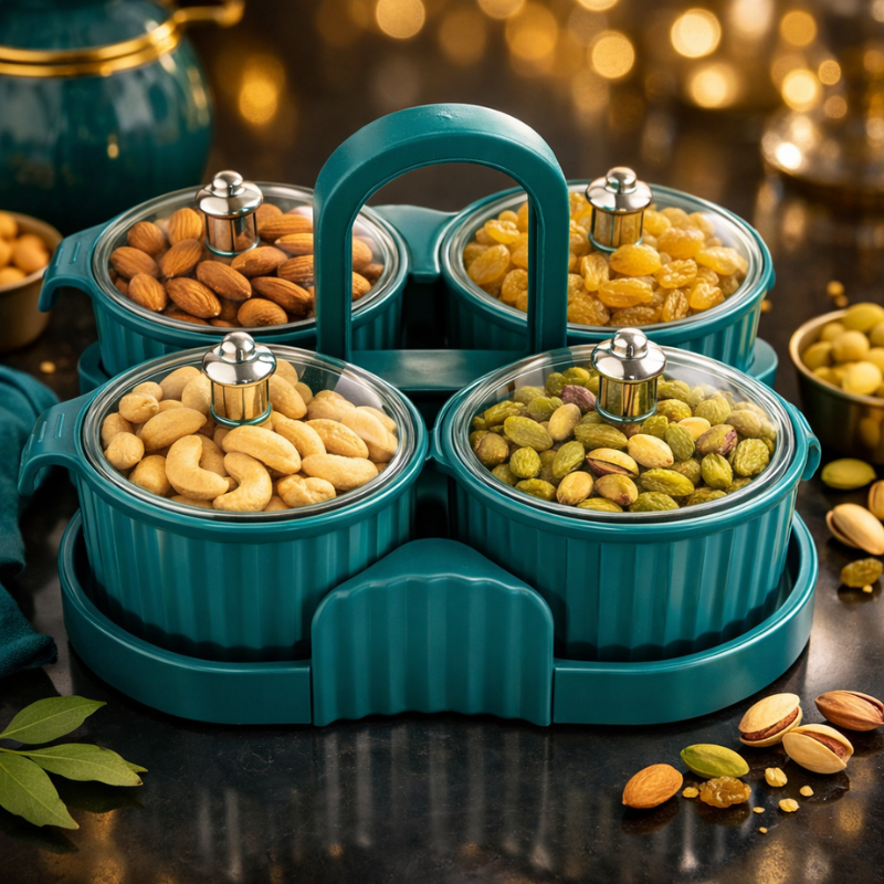 Multipurpose Dry Fruit Box with 4 Jar Set | Mukhwas Tray & Masala Storage Container | Plastic Dining Organizer for Sweets, Spices & Snacks (Random color-Pack of 1)
