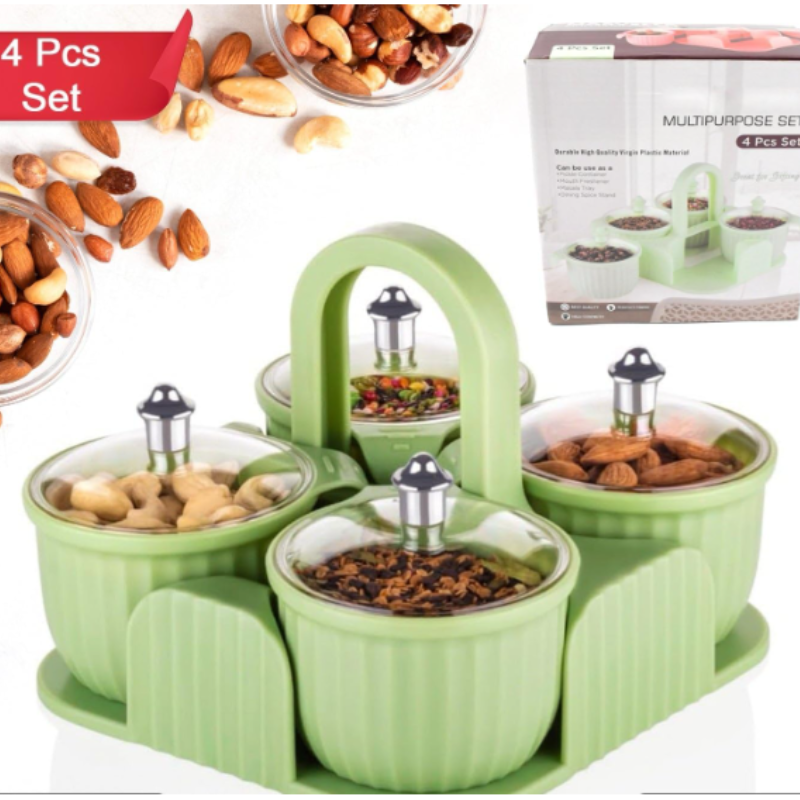 Multipurpose Dry Fruit Box with 4 Jar Set | Mukhwas Tray & Masala Storage Container | Plastic Dining Organizer for Sweets, Spices & Snacks (Random color-Pack of 1)