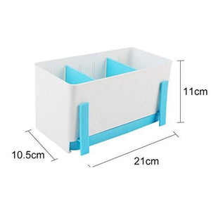 A white and light blue plastic kitchen utensil holder with three compartments is shown against a white background. Dimension lines indicate its approximate size: 21 cm in length, 10.5 cm in width, and 11 cm in height. utensil holder, kitchen organiser, cutlery drainer, kitchen storage, dish drying rack, kitchen accessories, household items, kitchen items, Homaxa, drain rack, dimensions.