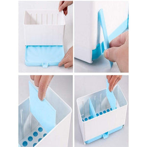 A four-panel image demonstrates the assembly of a white and light blue plastic kitchen utensil holder.utensil holder assembly, kitchen organiser, cutlery drainer, spoon holder, fork holder, knife holder, sponge basket, kitchen storage, dish drying rack, kitchen accessories, household items, kitchen items, KPS Multipurpose Plastic Rack, assembly instructions.