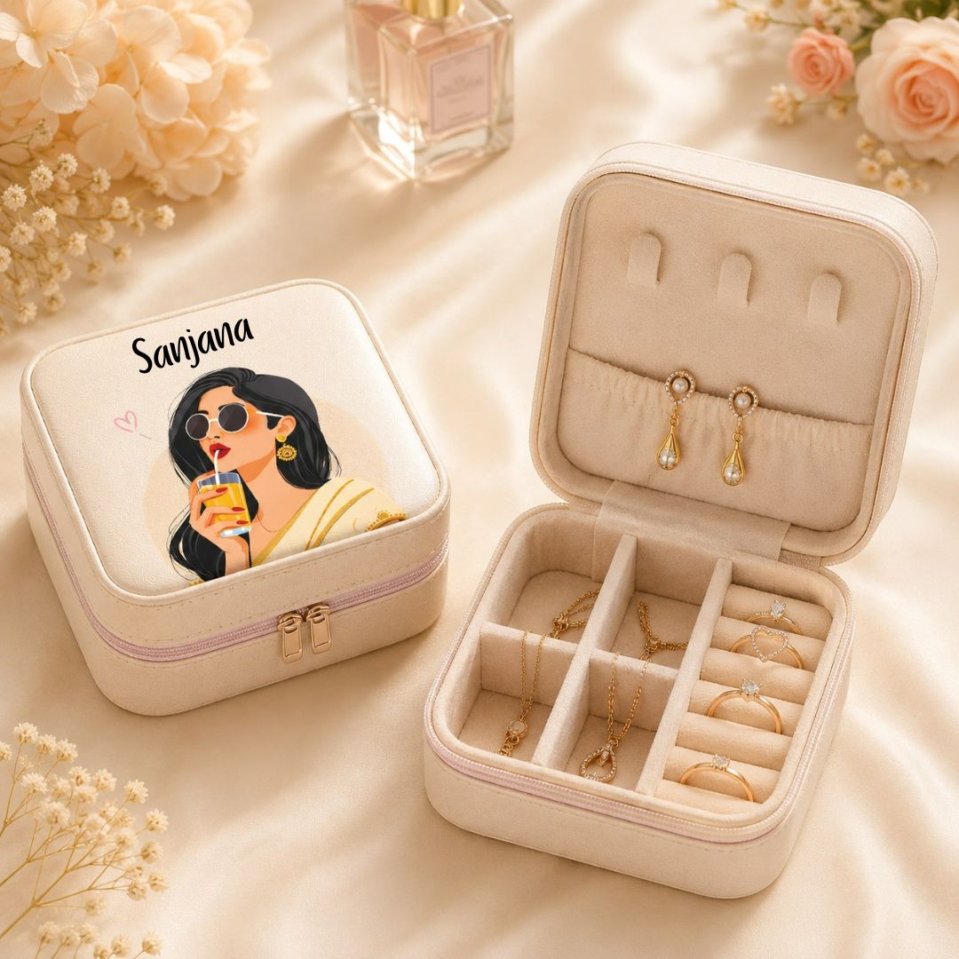 Customized Mini Jewellery Box with Custom Your Name – Personalized Travel Jewelry Organizer for Women (Random color)