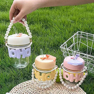 OHO Drinking Cup with Sleeve and Pearl Bracelet Glass Cup