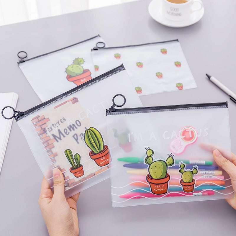 5 Pcs Cactus Print Ring Zipper Bag Transparent Pencil case Student Cute Creative Pouch